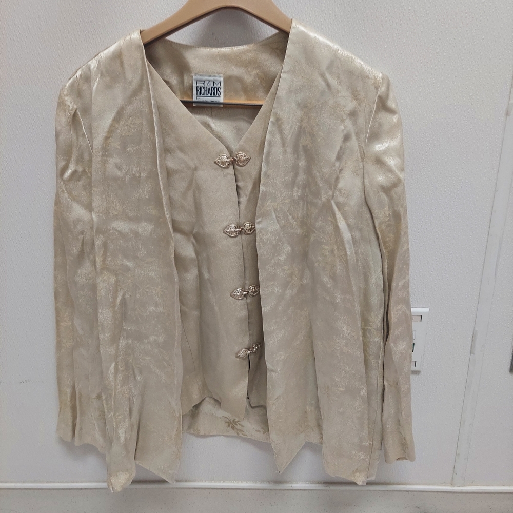 R&M Richards Karen Kwong Pants Suit Set Cream Embellished Vintage Size 16P